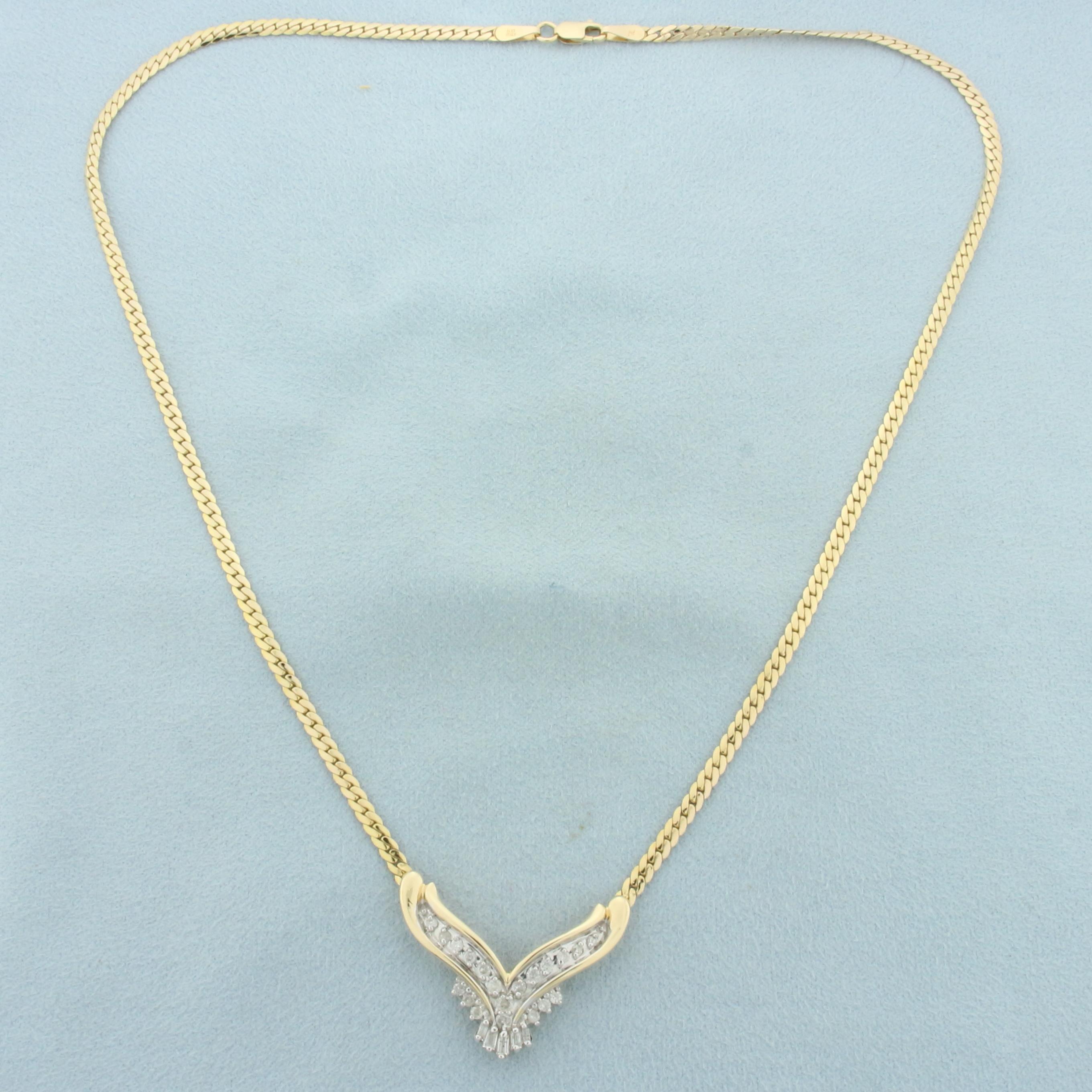 Italian Round And Baguette Diamond Necklace In 14k Yellow Gold