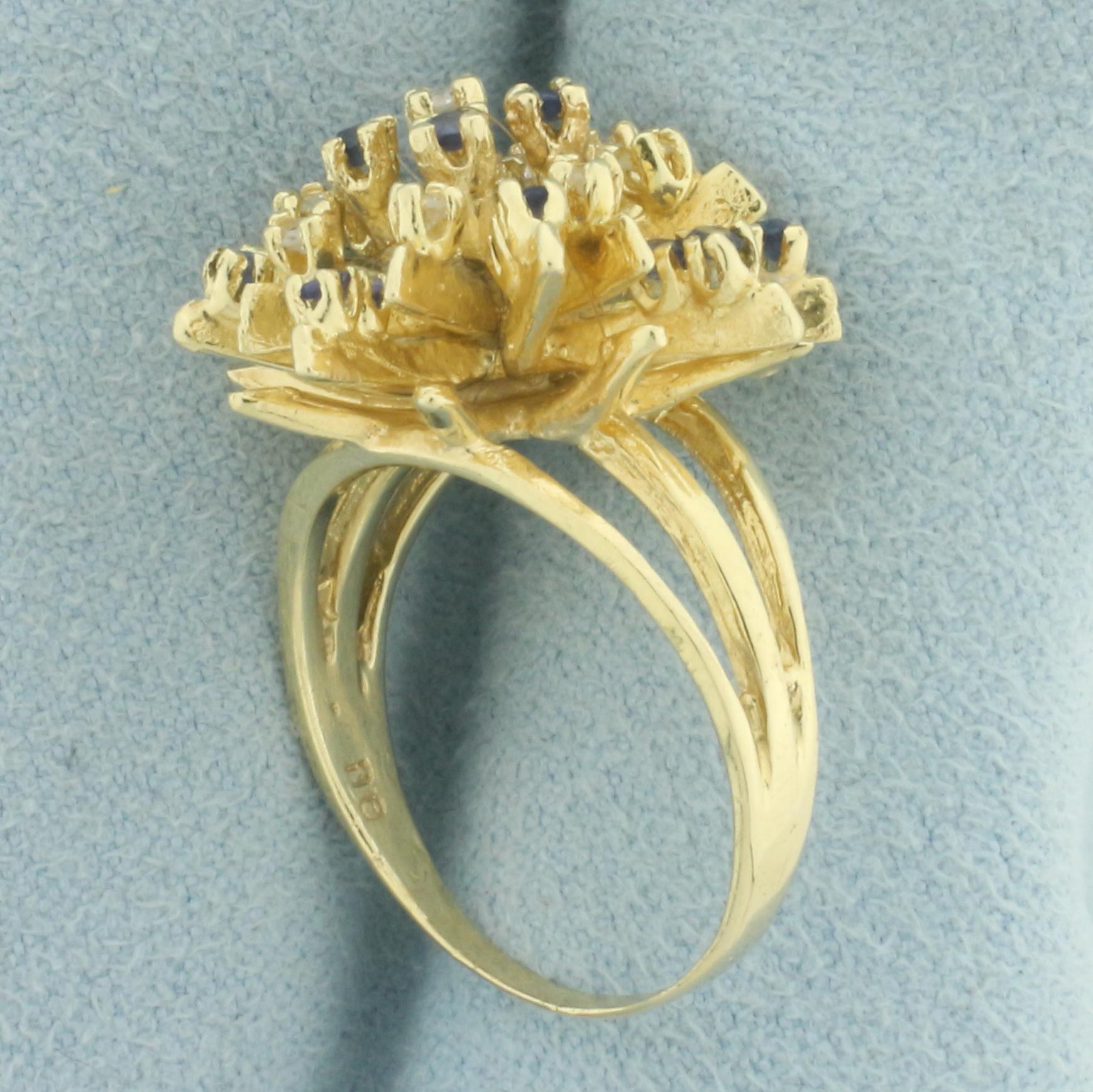 Sapphire And Diamond Flower Design Ring In 14k Yellow Gold