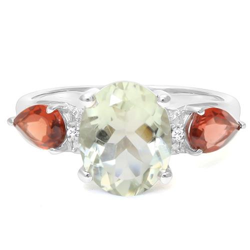 Green Amethyst, Garnet, And Diamond Ring In Sterling Silver