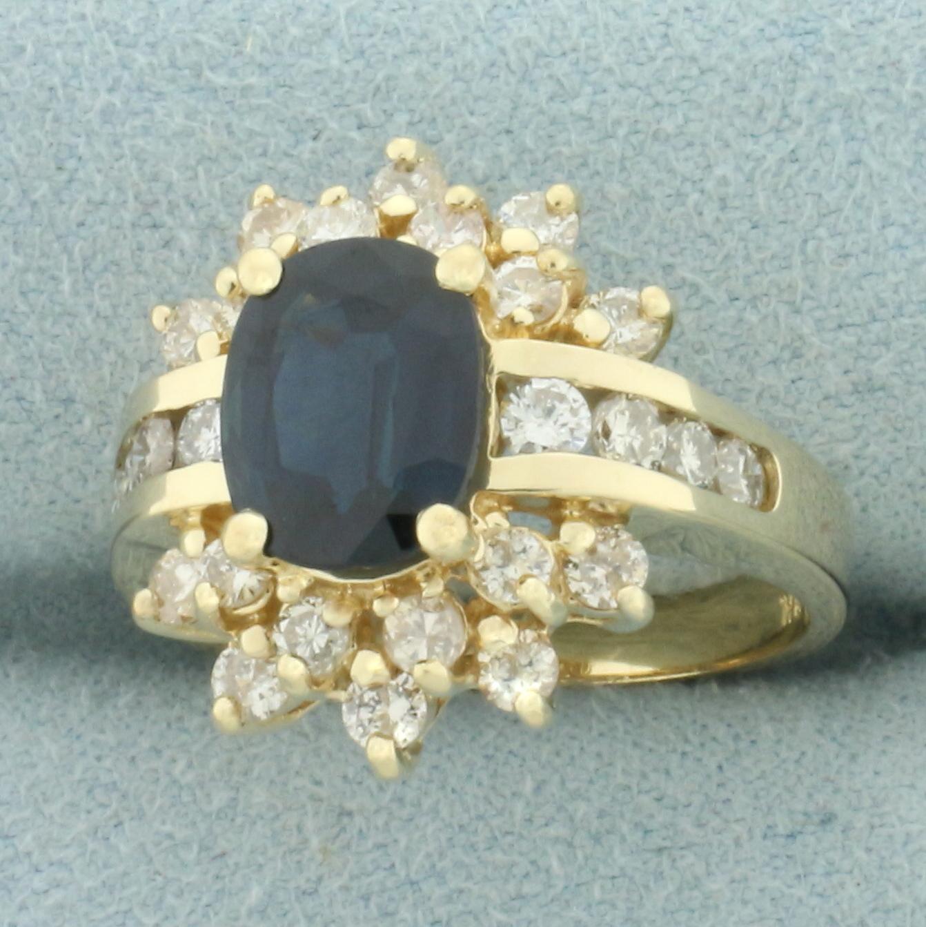 Sapphire And Diamond Flower Design Ring In 14k Yellow Gold