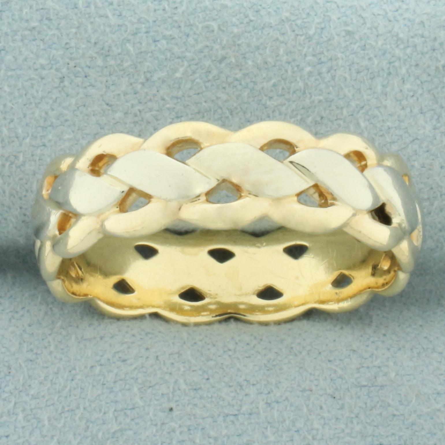 Mens Two Tone Braided Design Wedding Band Ring In 14k Yellow And White Gold