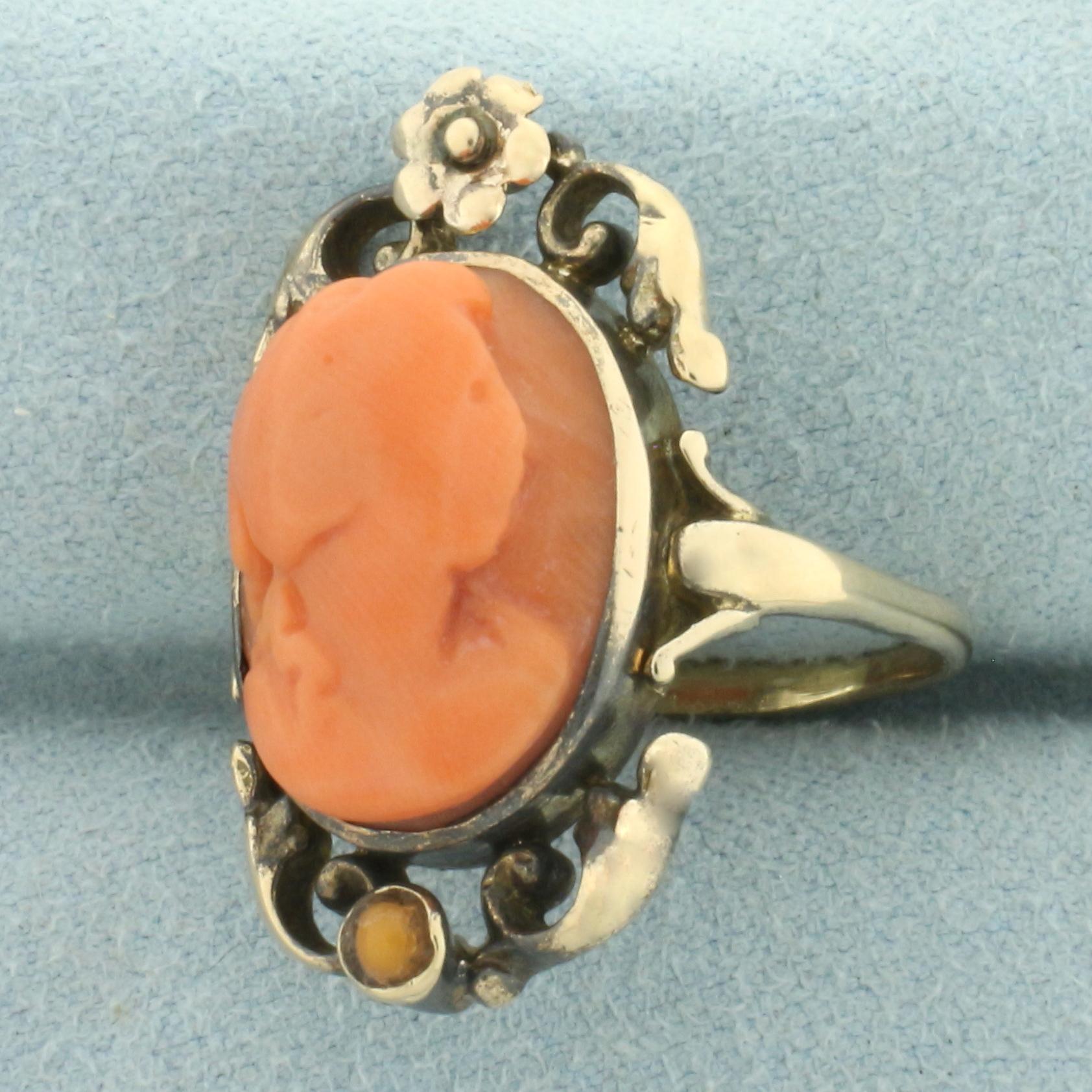 Antique Victorian Carved Red Coral Cameo Ring In 14k Rose Gold