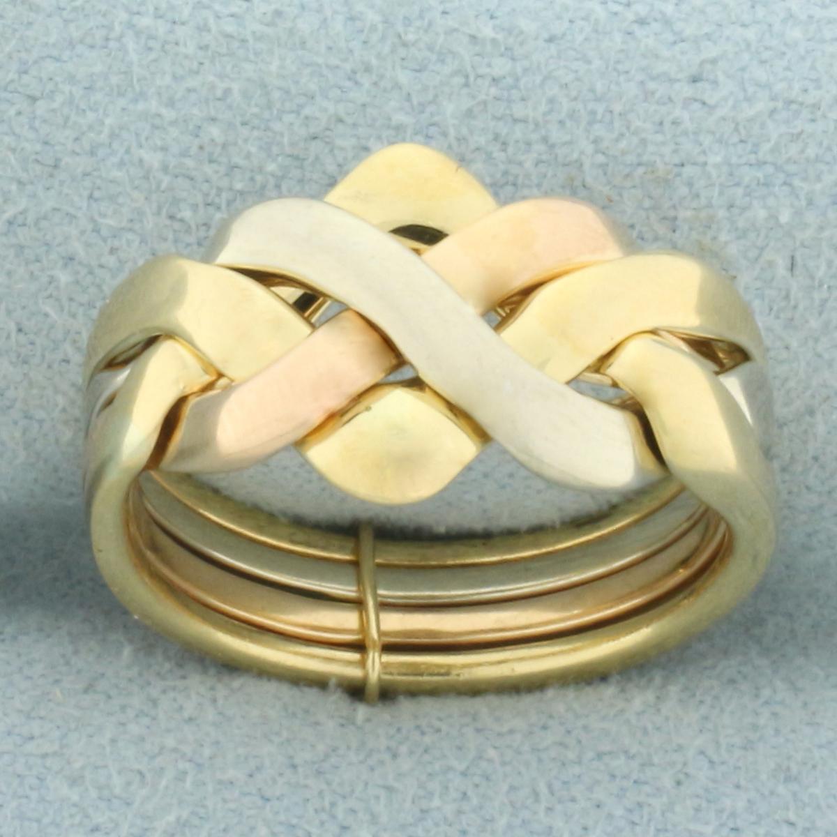 Italian Tri-color Puzzle Ring In 18k Yellow, White, And Rose Gold