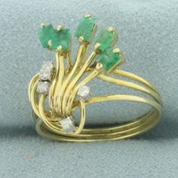 Emerald And Diamond Wirework Ring In 14k Yellow Gold