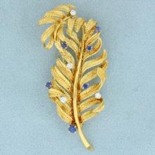 Sapphire And Diamond Feather Pin In 18k Yellow Gold