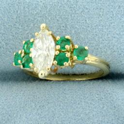 1.5ct Tw Marquise Diamond And Emerald Ring In 14k Yellow Gold