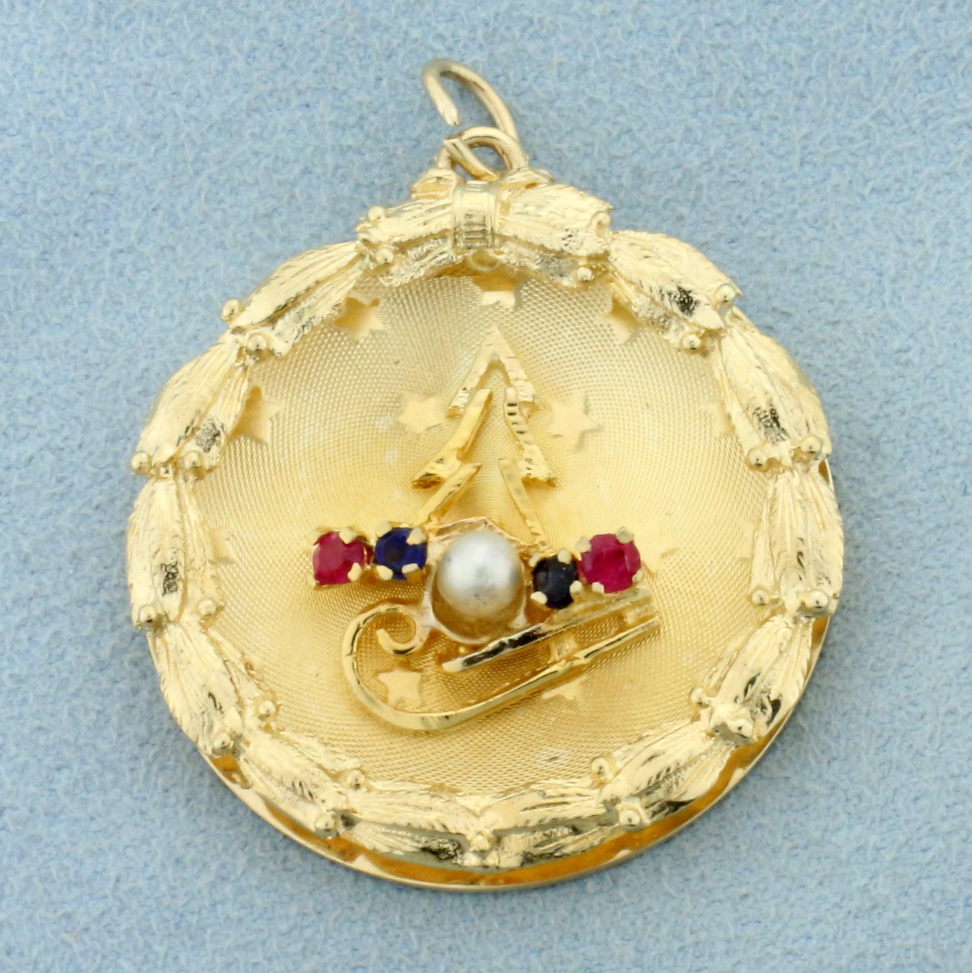 Christmas Tree And Sled Ruby, Sapphire, And Pearl Pendant In 14k Yellow Gold
