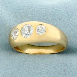 Mens Antique 1.5ct Tw Old European Cut Diamond Three Stone Ring In 14k Yellow Gold