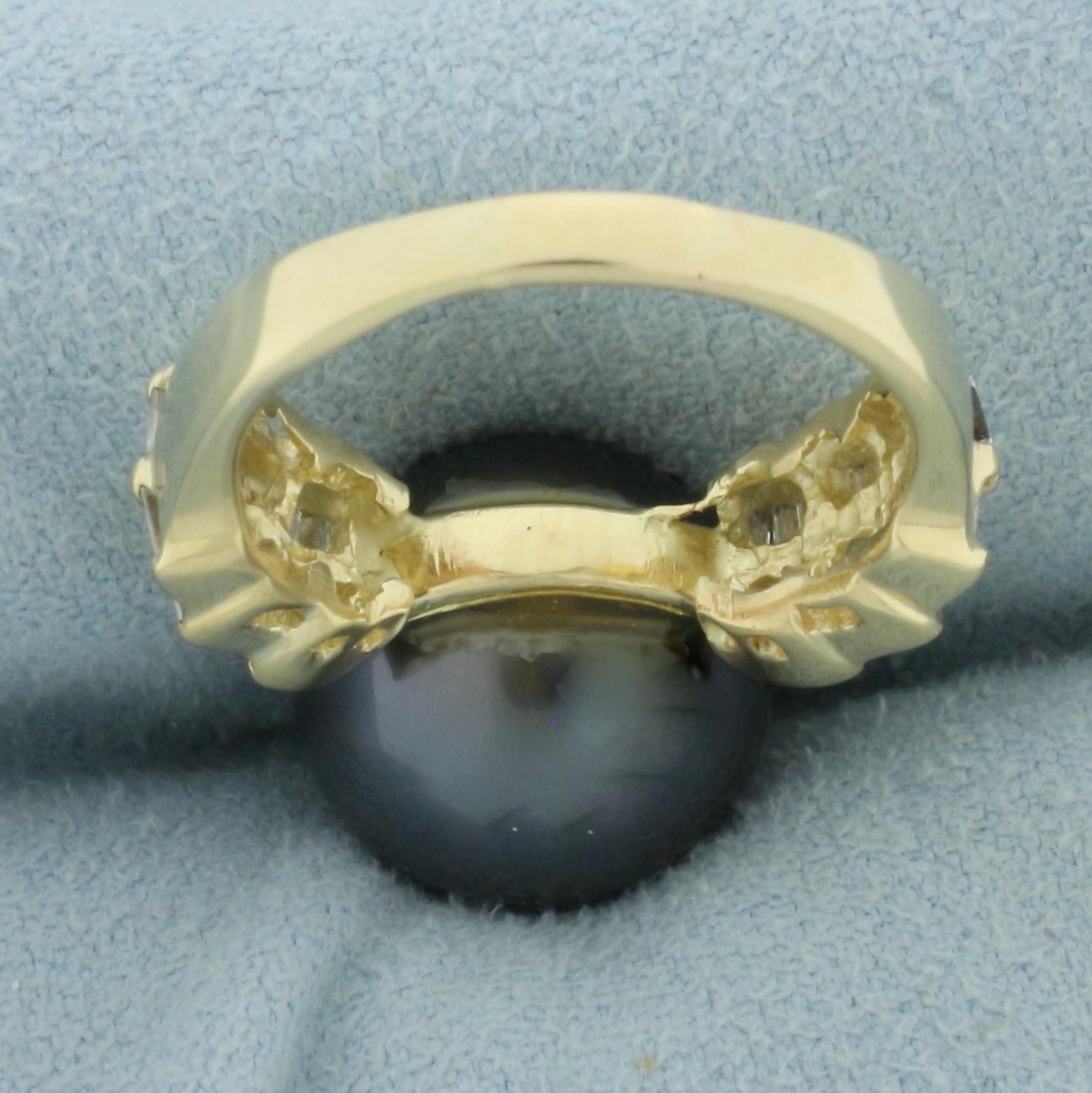 Tahitian Pearl And Diamond Ring In 14k Yellow Gold