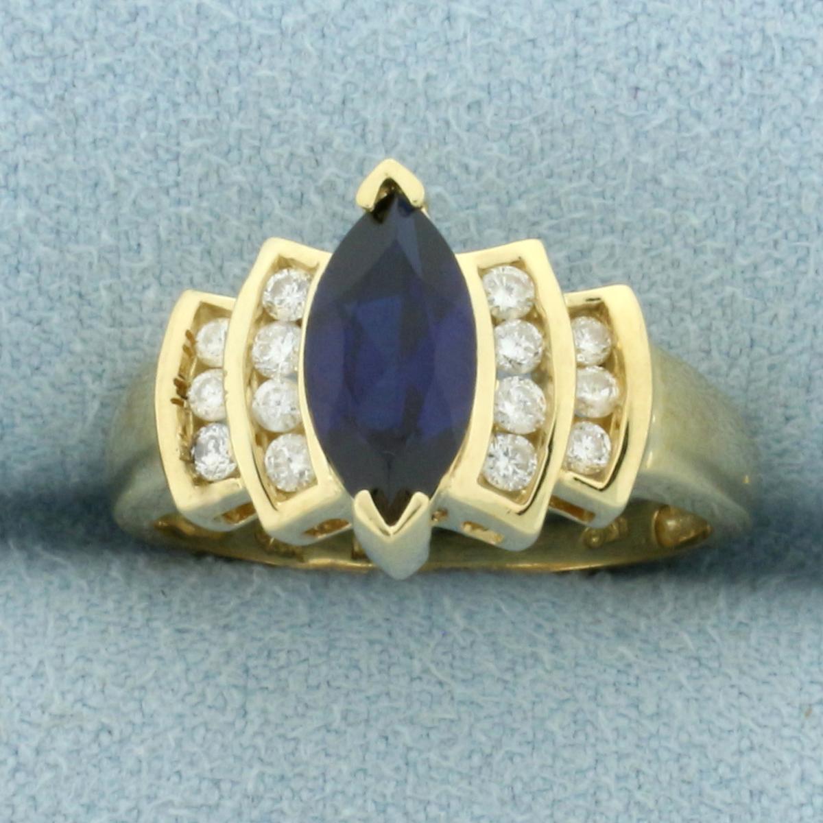 Natural Sapphire And Diamond Ring In 14k Yellow Gold