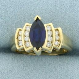 Natural Sapphire And Diamond Ring In 14k Yellow Gold