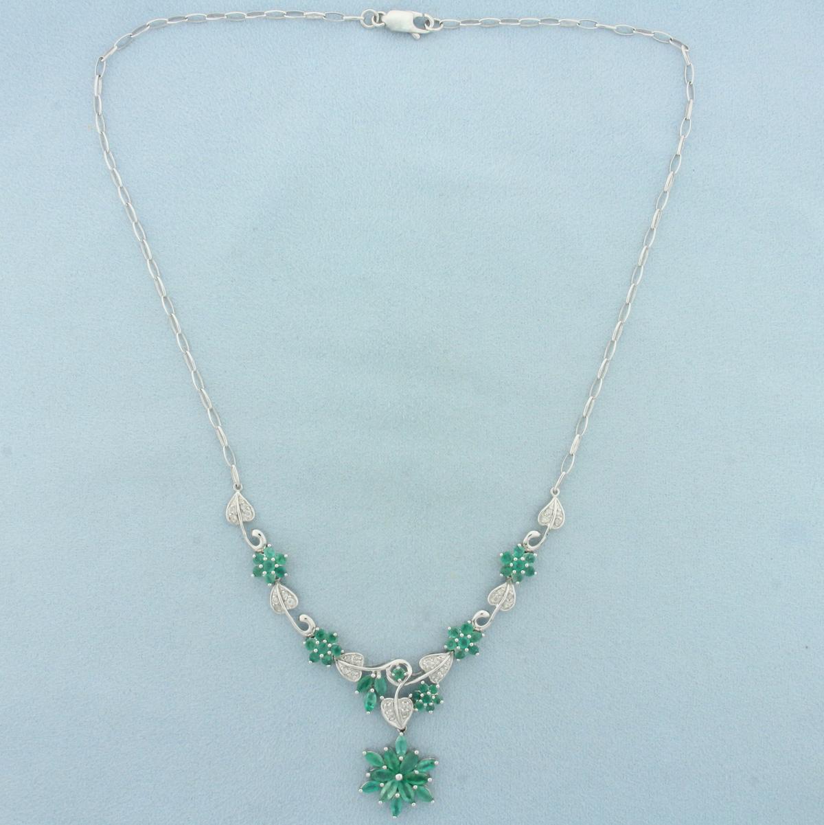 6ct Emerald And Diamond Flower Design Necklace In 14k White Gold