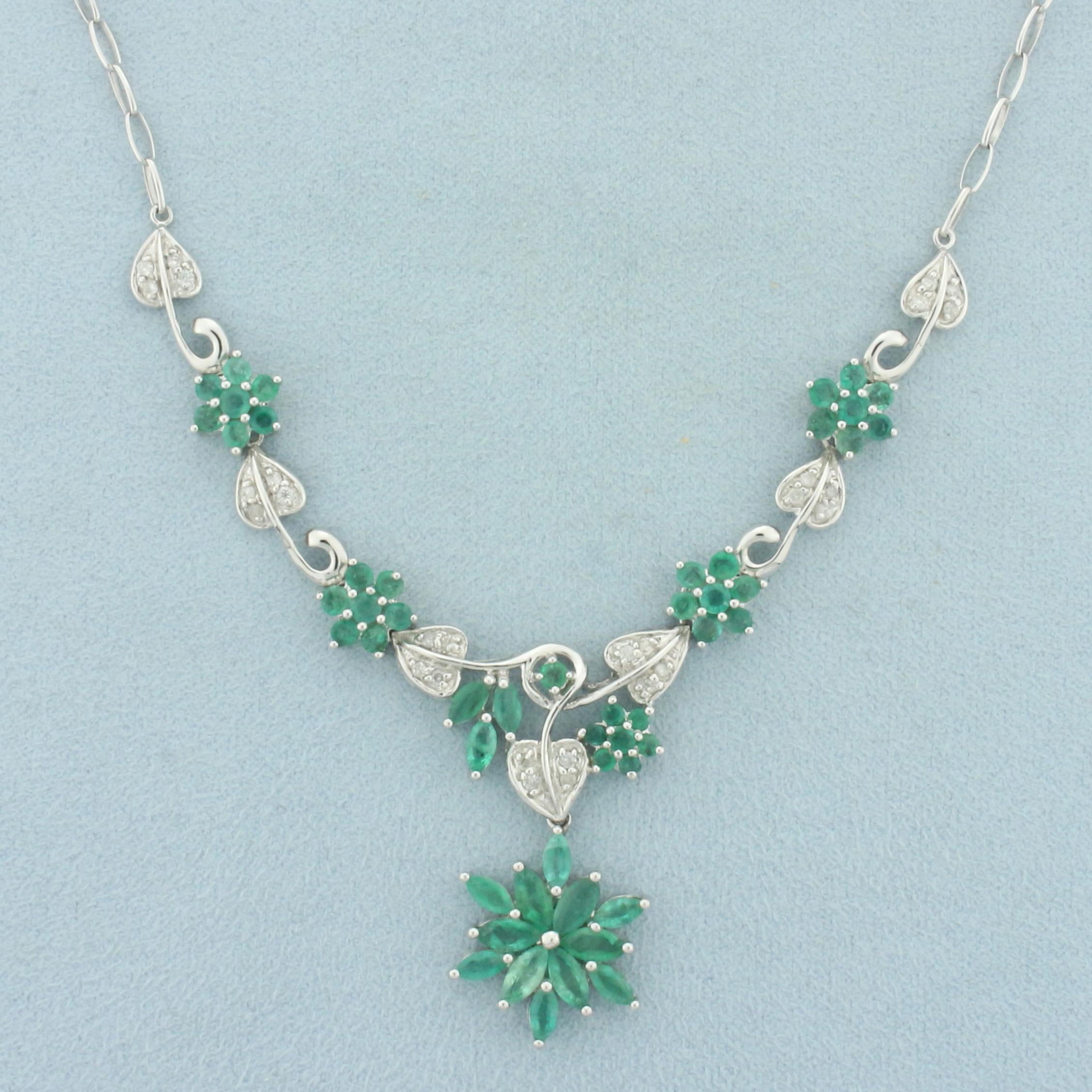 6ct Emerald And Diamond Flower Design Necklace In 14k White Gold