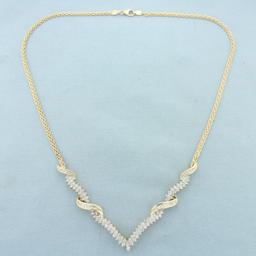 Italian Baguette And Round Diamond V Necklace In 14k Yellow Gold