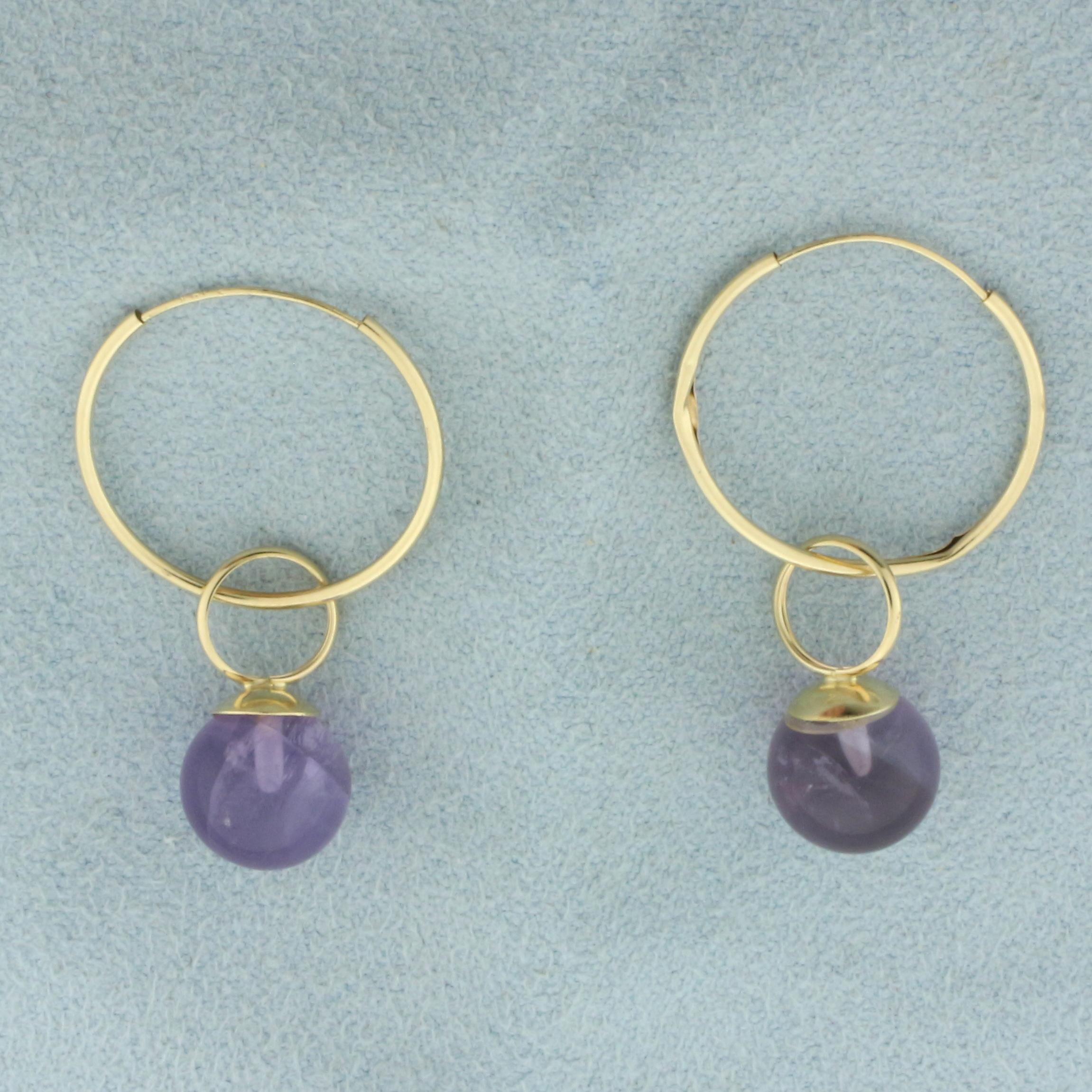 Amethyst Bead Dangle Hoop Earrings In 14k Yellow Gold