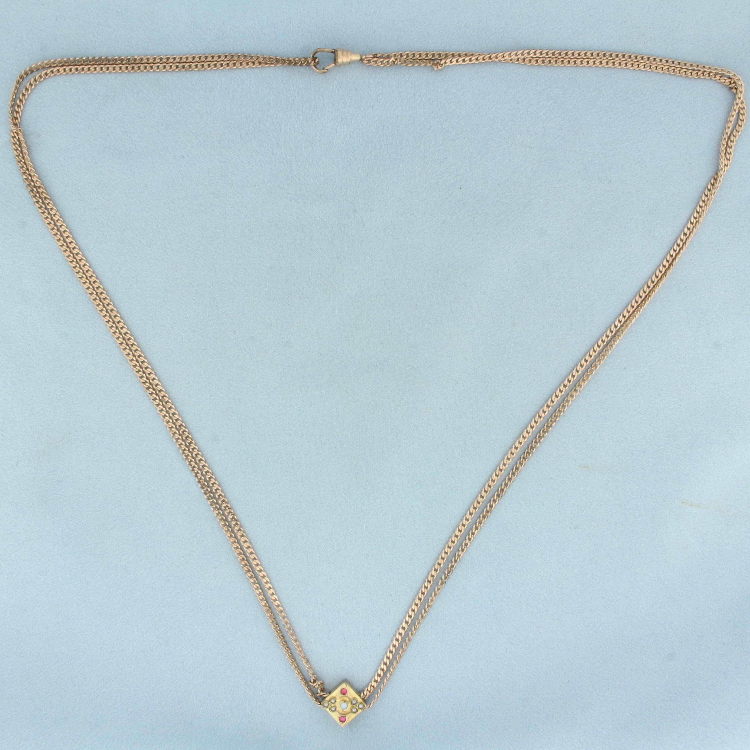 Antique Victorian Opal Ruby Seed Pearl Guard Chain Necklace