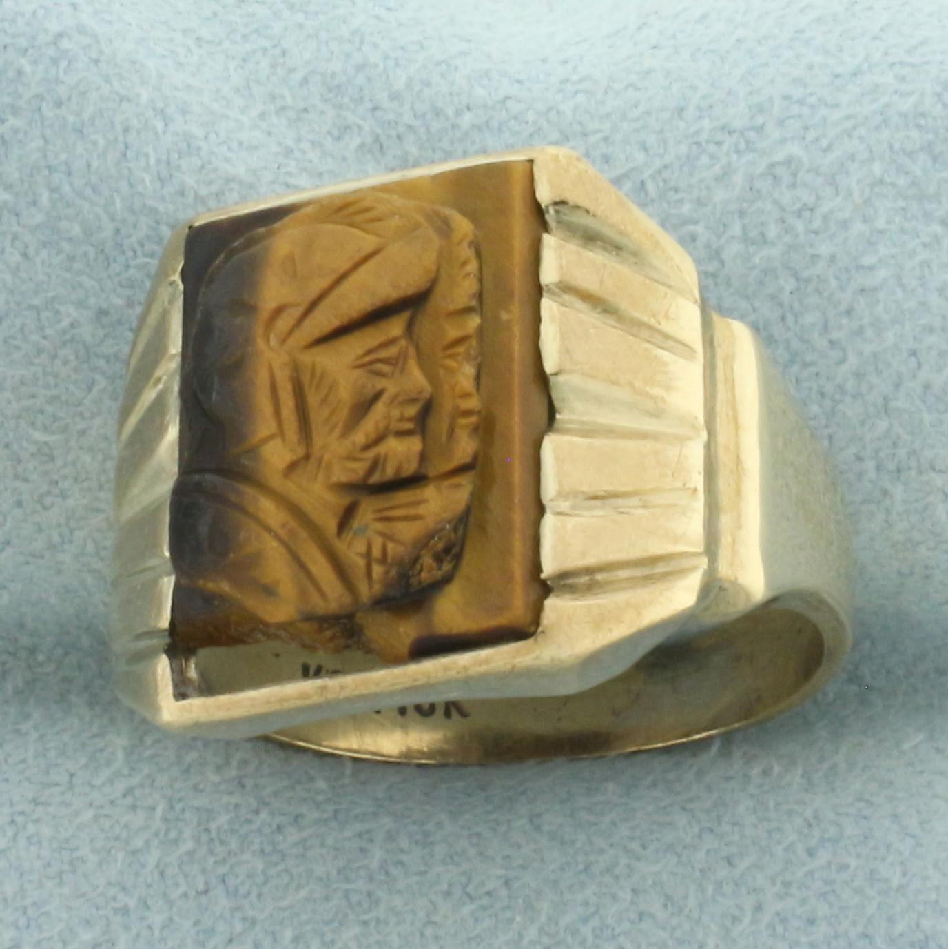 Mens Carved Roman Soldier Tiger's Eye Ring In 10k Yellow Gold