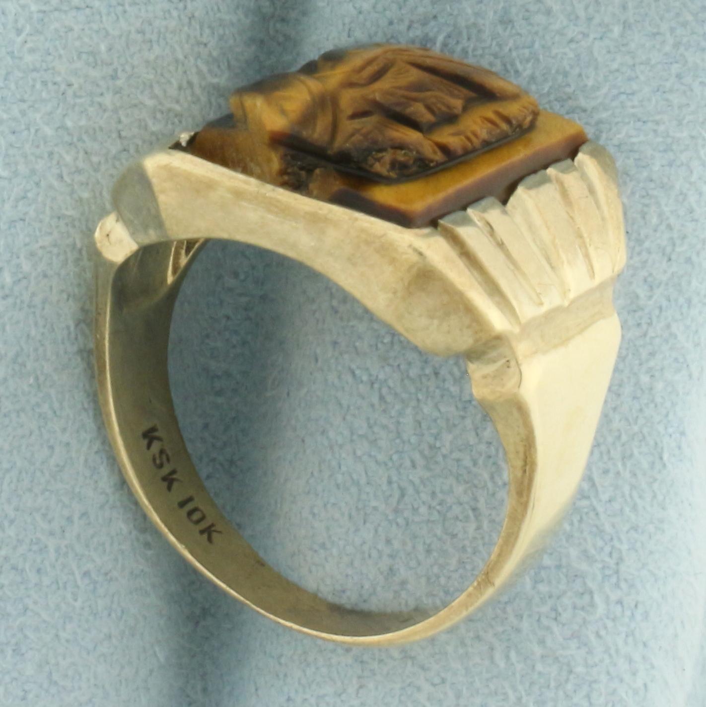 Mens Carved Roman Soldier Tiger's Eye Ring In 10k Yellow Gold