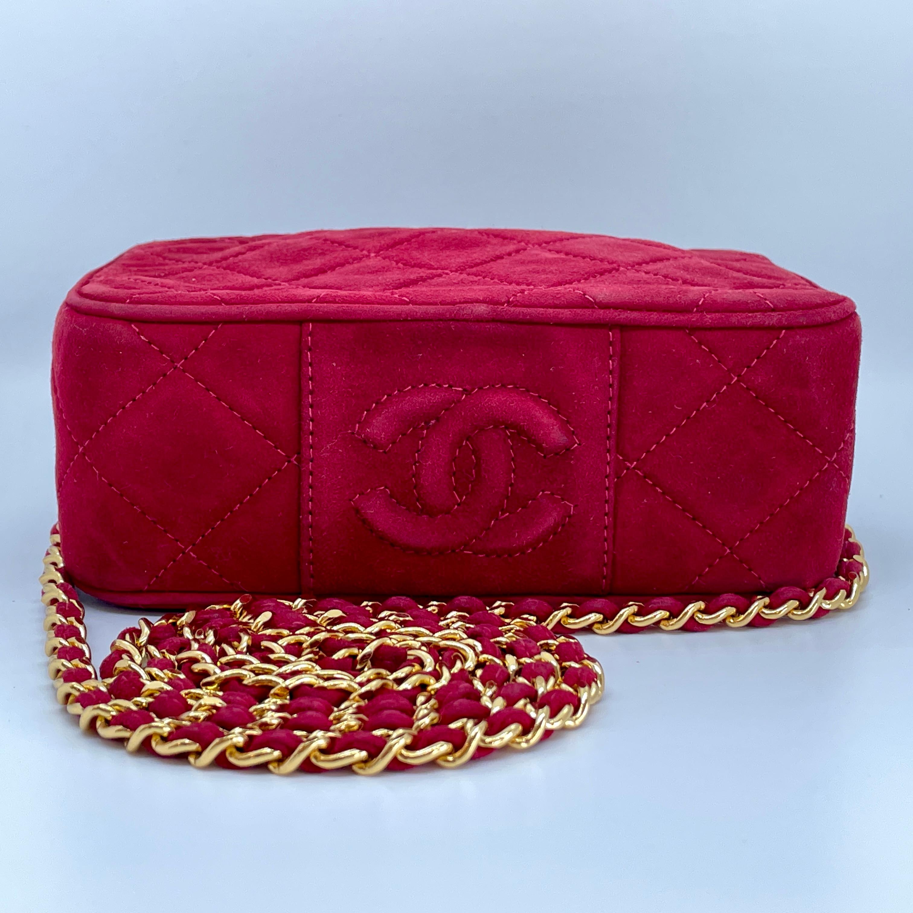 Chanel Classic Red Suede Crossbody Quilted Camera Bag