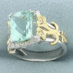 Fancy Checkerboard Cut Aquamarine And Diamond Ring In 14k White And Yellow Gold