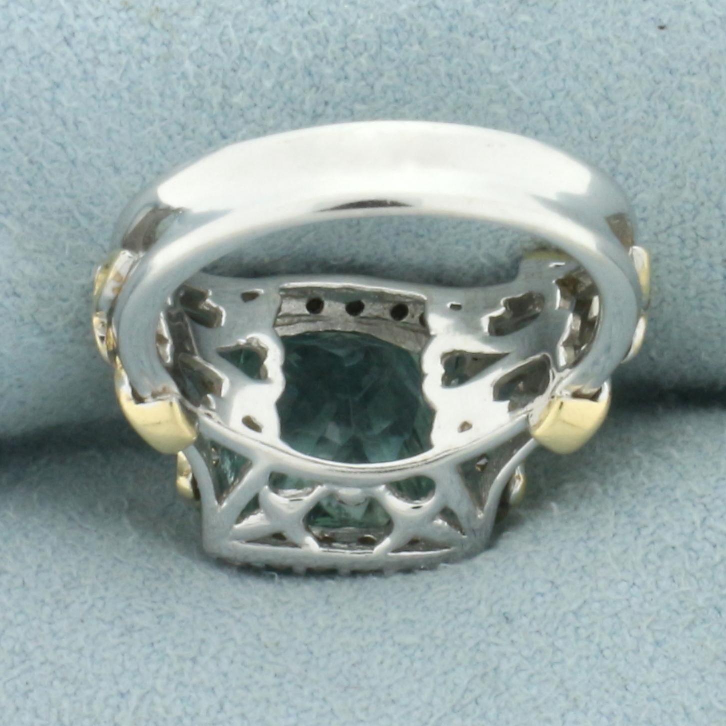 Fancy Checkerboard Cut Aquamarine And Diamond Ring In 14k White And Yellow Gold