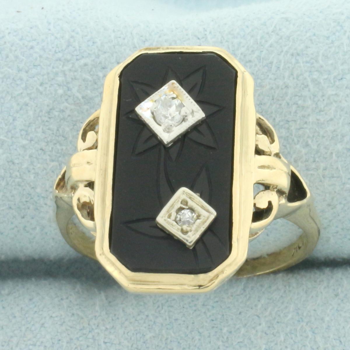 Antique Flower Etched Onyx And Diamond Ring In 10k Yellow Gold