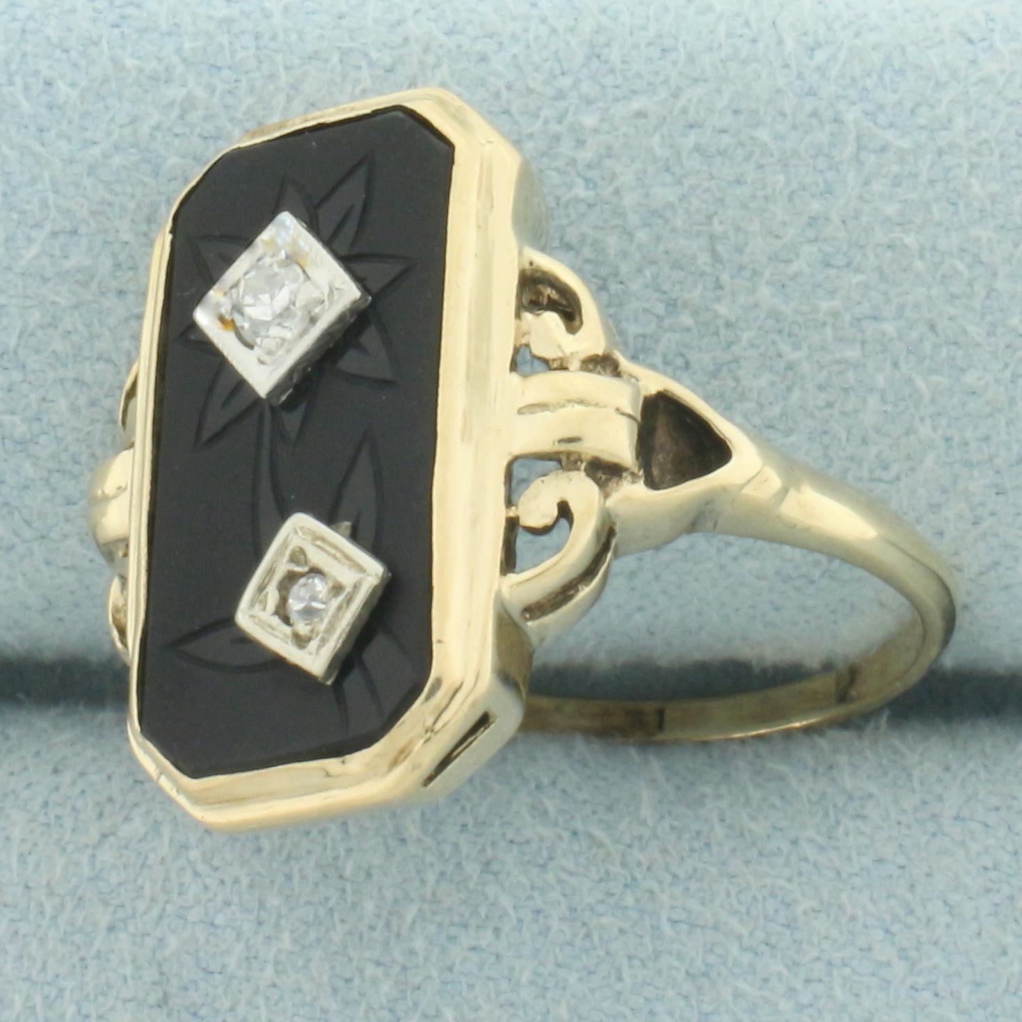 Antique Flower Etched Onyx And Diamond Ring In 10k Yellow Gold