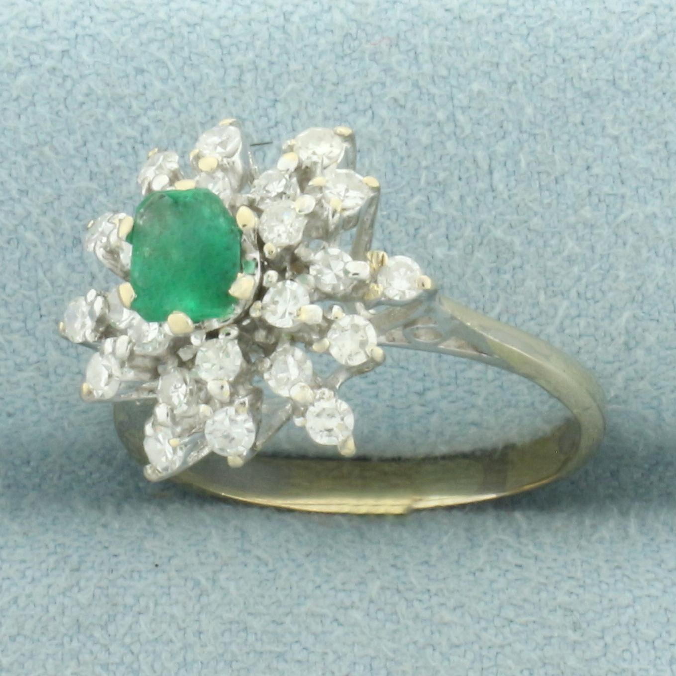 Untreated Emerald And Diamond Starburst Flower Ring In 18k Yellow And White Gold