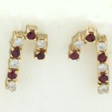 Diamond And Ruby Candy Cane Earrings In 14k Yellow Gold