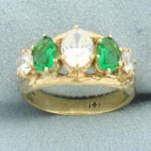 Synthetic Diamond And Emerald 5-stone Ring In 14k Yellow Gold