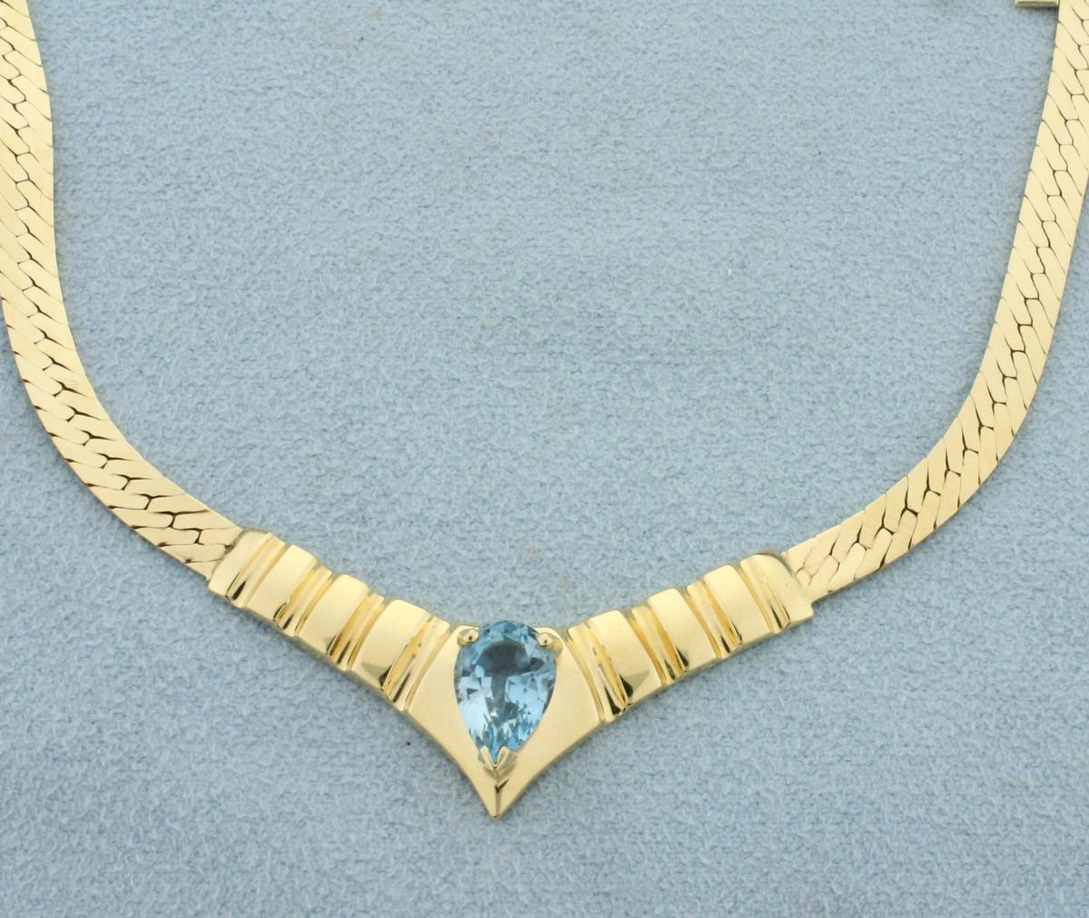 Light Blue Sapphire Herringbone Necklace In 14k Yellow Gold