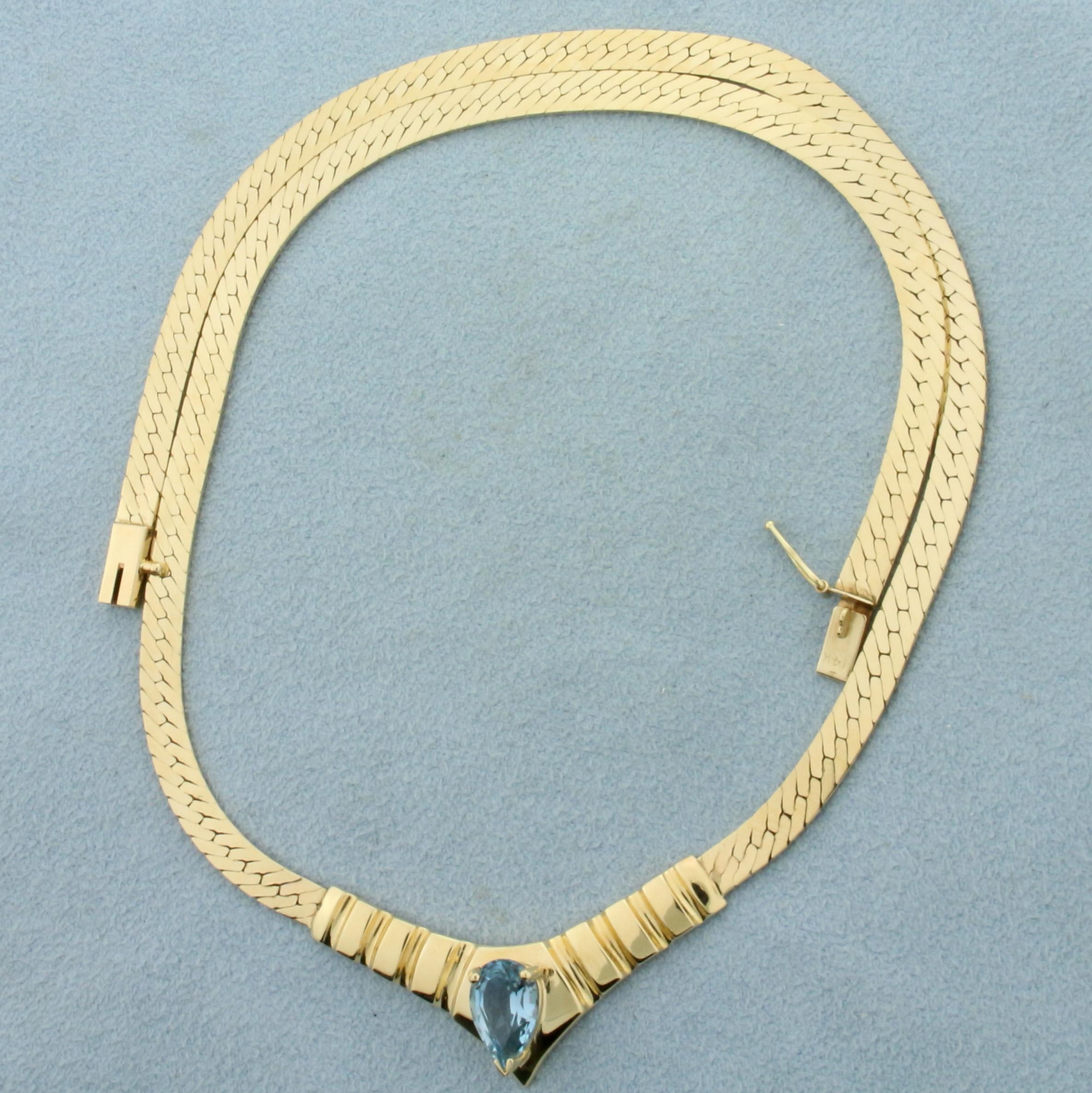 Light Blue Sapphire Herringbone Necklace In 14k Yellow Gold