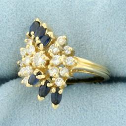 Vintage Sapphire And Diamond Spray Cluster Ring In 14k Yellow Gold