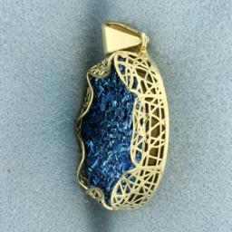 Blue Druzy Quartz Disc Pendant In 14k Yellow Gold