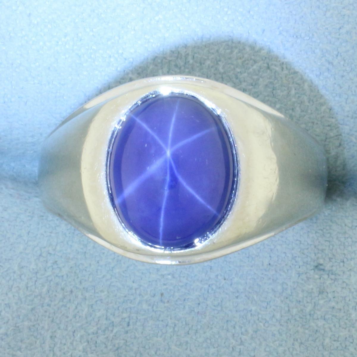 Mens Star Sapphire Ring In 14k White Gold