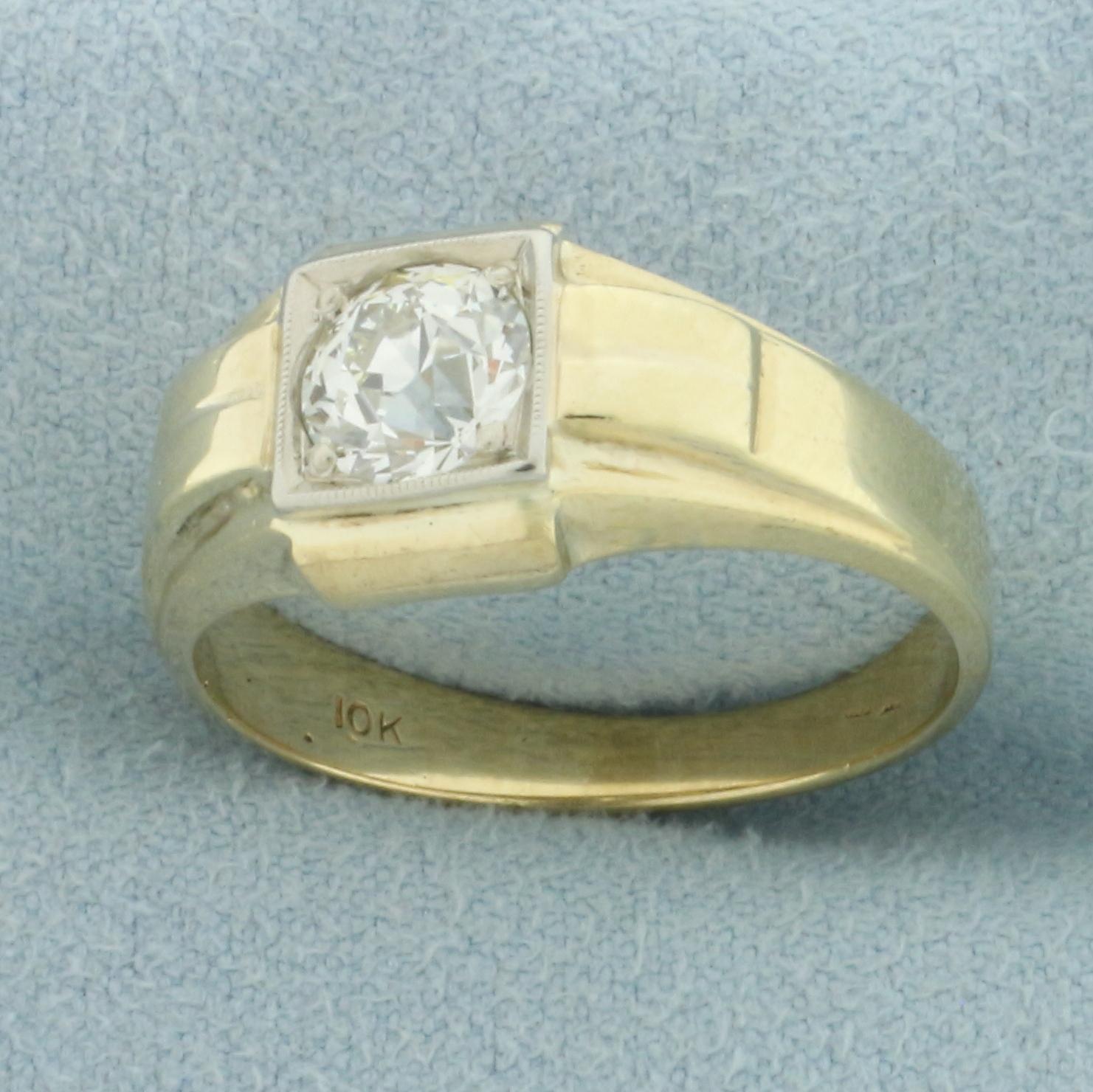 Mens Antique Old European Diamond Solitaire Ring In 10k Yellow Gold