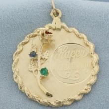 Sapphire And Emerald Flower Happy Anniversary Charm Or Pendant In 14k Yellow Gold
