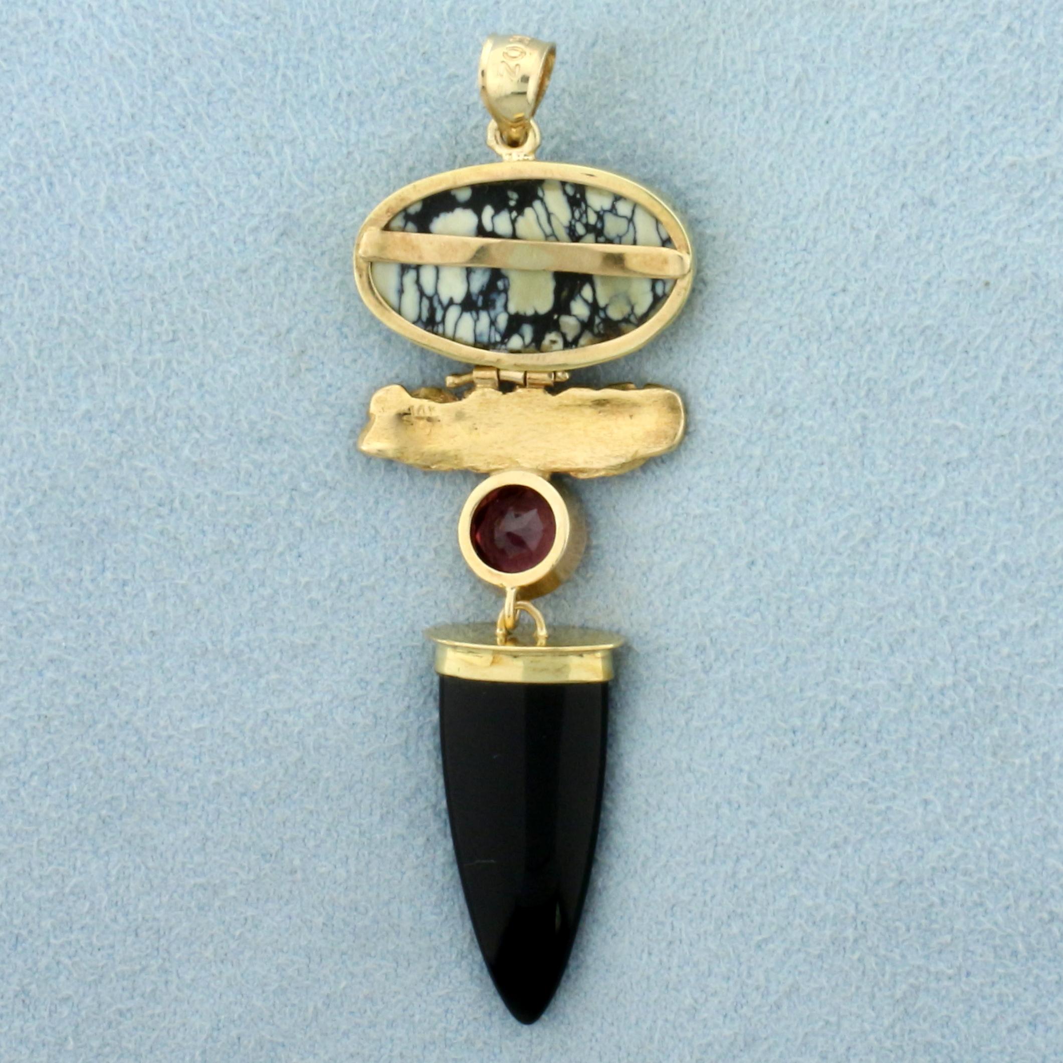 Custom Designed Morganite, Onyx And Agate Pendant In 14k Yellow Gold