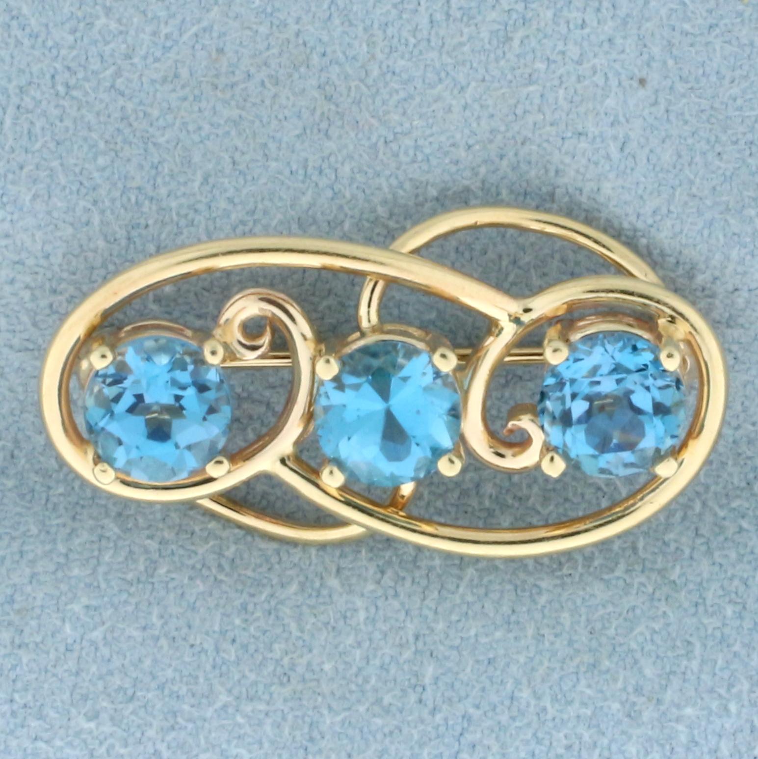 Vintage Swiss Blue Topaz 3 Stone Pin Brooch In 14k Yellow Gold