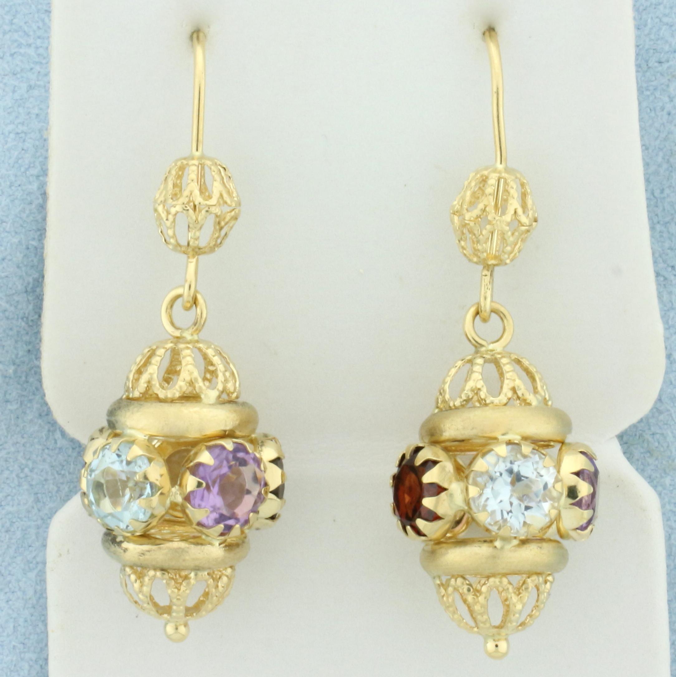 Multi Color Gemstone Dangle Chandelier Earrings In 18k Yellow Gold