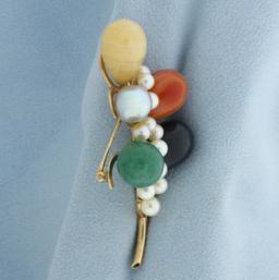 Designer Ming's Jade And Pearl Brooch Pin In 14k Yellow Gold