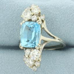 Vintage Blue Topaz And Diamond Retro Era Cocktail Ring In 14k White Gold.