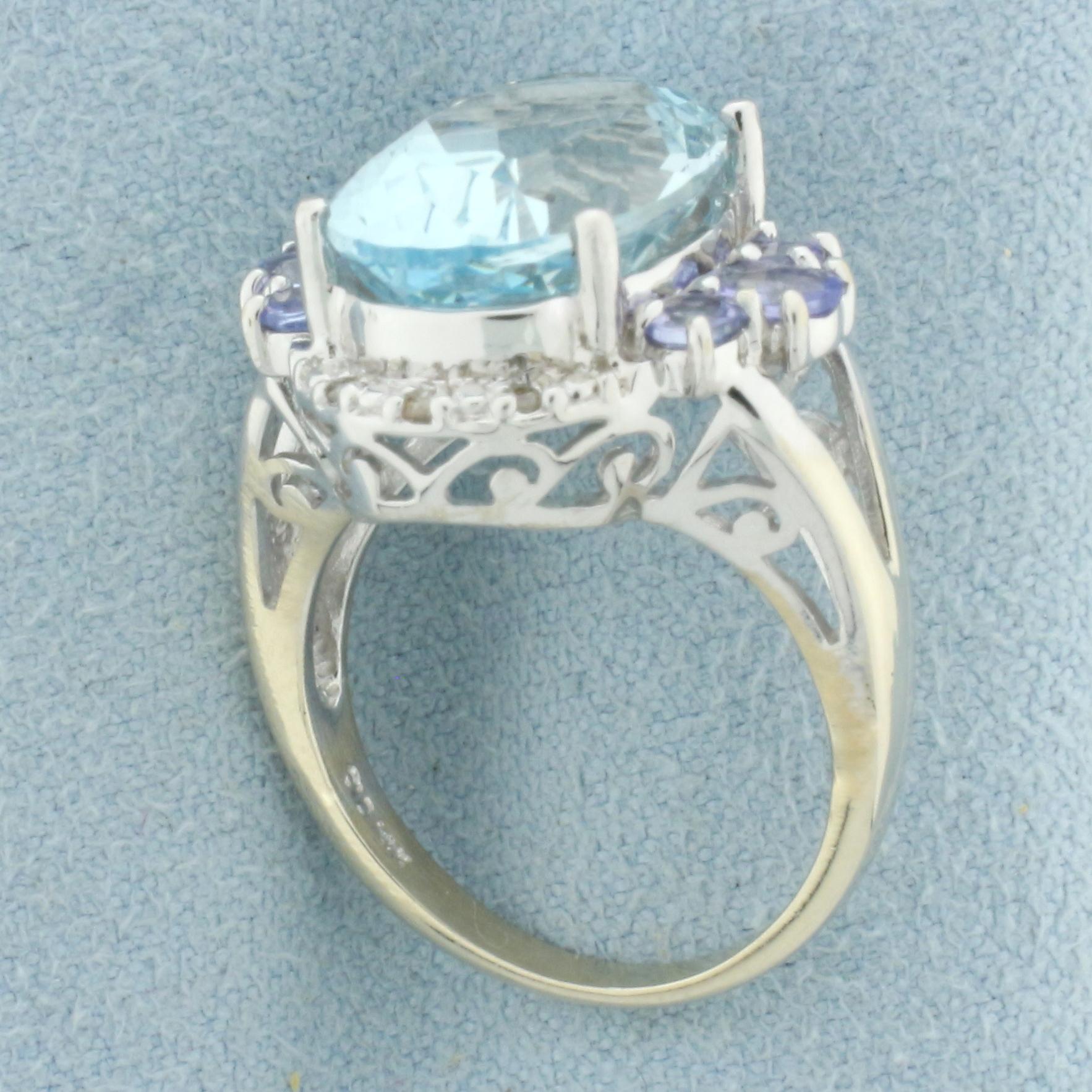 Aquamarine, Tanzanite, And Diamond Ring In 14k White Gold