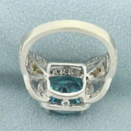 Swiss Blue Topaz And Diamond Halo Ring In 14k White Gold