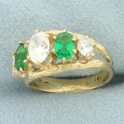 Synthetic Diamond And Emerald 5-stone Ring In 14k Yellow Gold