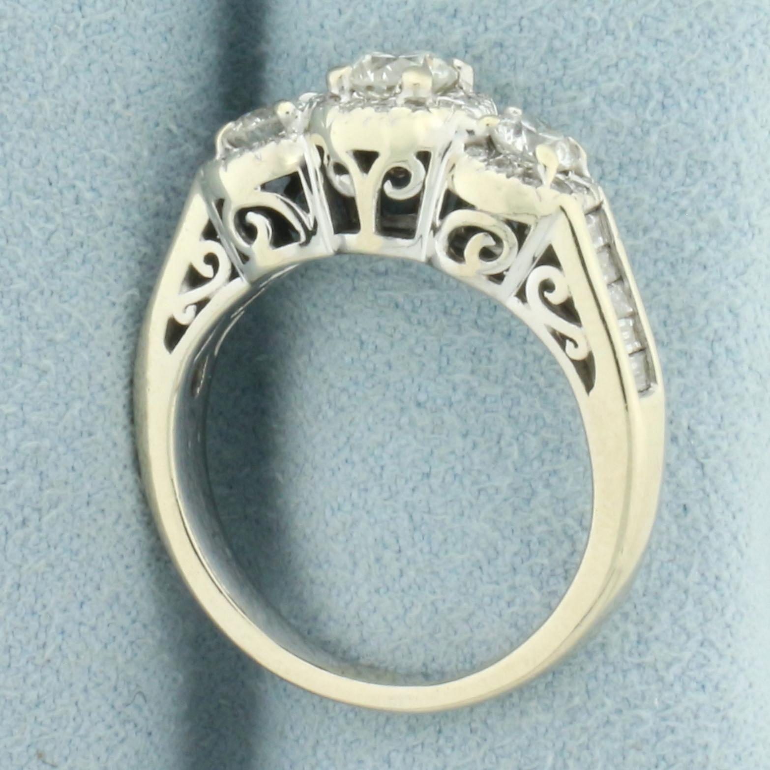 3-stone Diamond Halo Engagement Or Wedding Ring In 14k White Gold