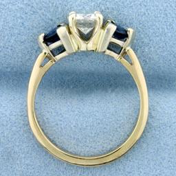 3 Stone Diamond And Sapphire Engagement Ring In 14k Yellow Gold