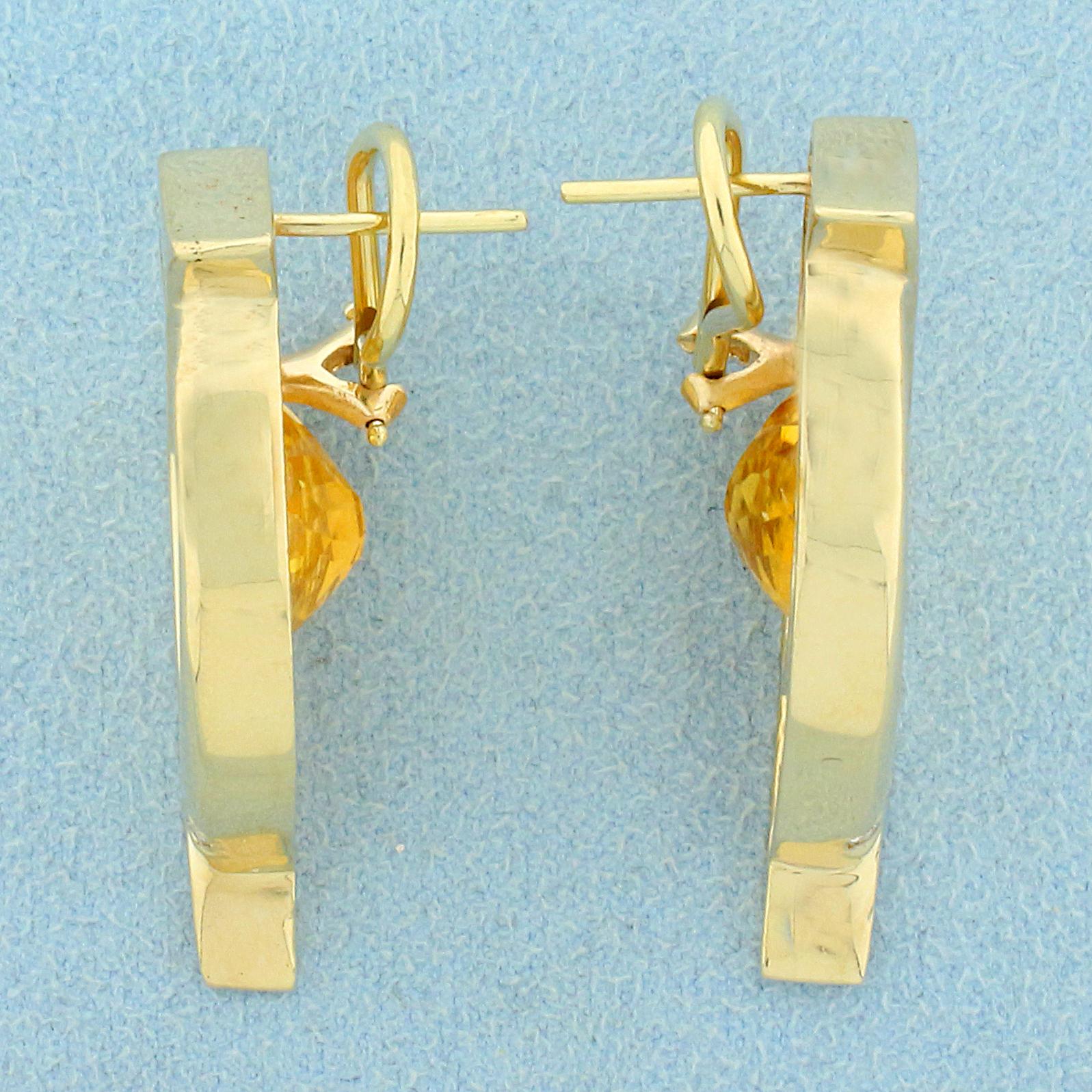 Large Abstract Design Citrine And Diamond Earrings In 14k Yellow Gold