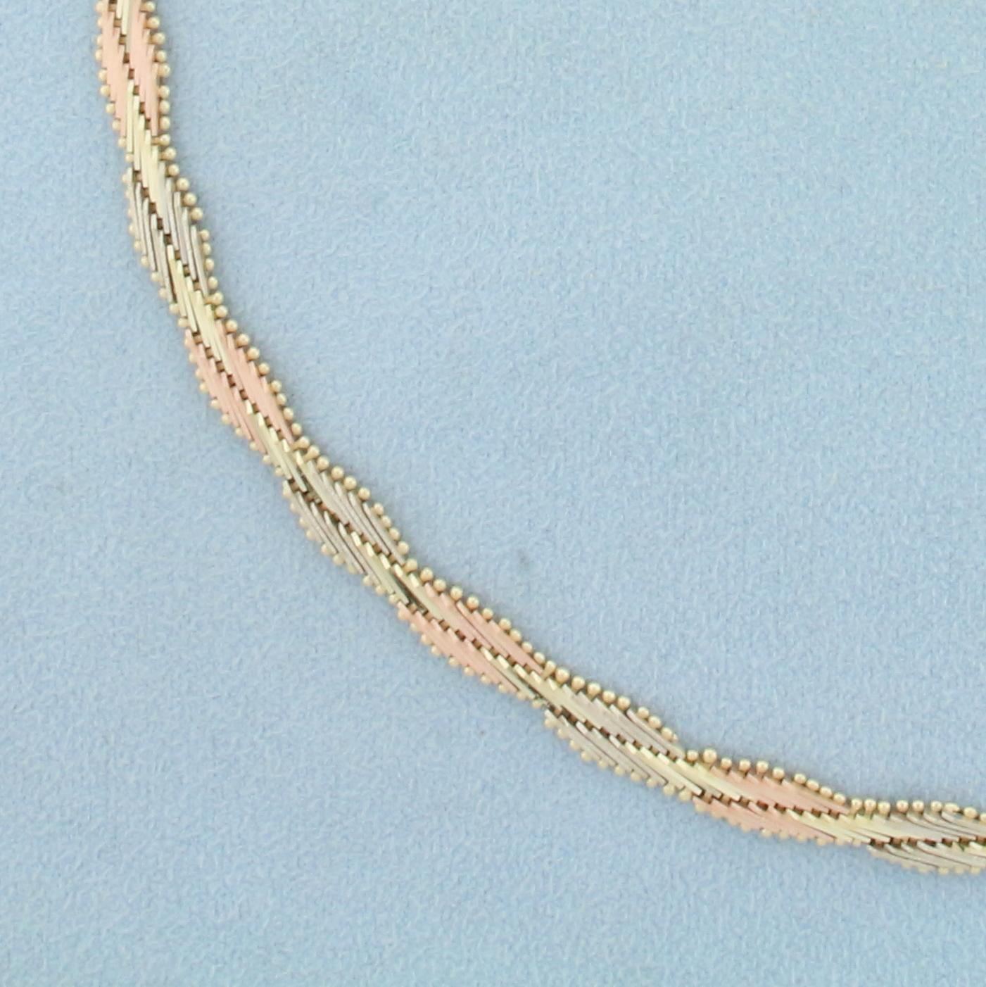 16 Inch Designer Link Diamond Cut Tri Color Necklace In 14k Yellow, Rose And White Gold