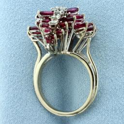 Unique Designer Ruby And Diamond Flower Design Ring In 18k White Gold